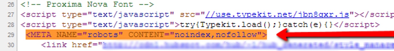 Extracto de código HTML con la meta etiqueta robots indicando noindex,nofollow, lo que permite borrar contenido en Internet a ojos de los motores de búsqueda. 
