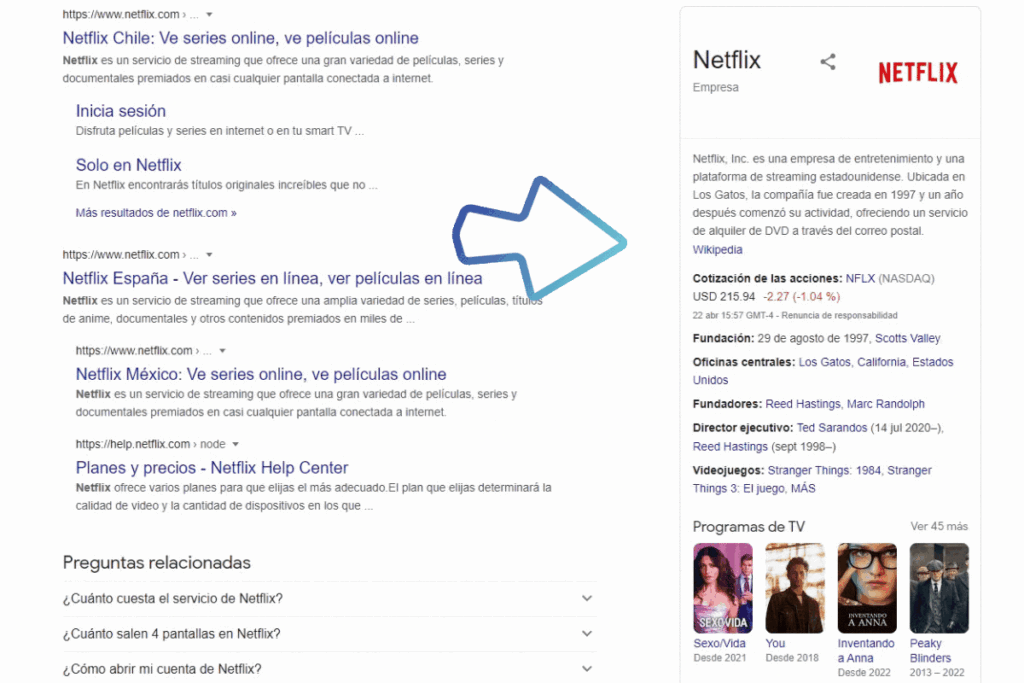 Panel de conocimiento en Google. SERPs para la palabra clave Netflix con el Panel de Conocimiento destacado.